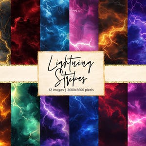 Könnte beinhalten: Zwölf digitale Papierhintergründe mit abstrakten Blitzen in verschiedenen Farben, darunter Lila, Blau, Grün, Rot und Gelb. Der Text "Lightning Strikes" wird in der Mitte des Bildes angezeigt.