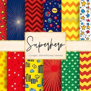 May include: A set of twelve digital papers with superhero designs. The patterns feature comic book motifs, starbursts, zigzags, stars, and cityscapes in bright colours such as red, blue, yellow, and green. The word "Superhero" is written in cursive.