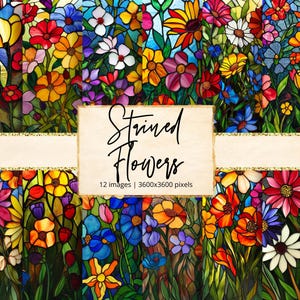 May include: A digital paper pack of 12 stained glass style images featuring colorful flowers. The images are 3600x3600 pixels.