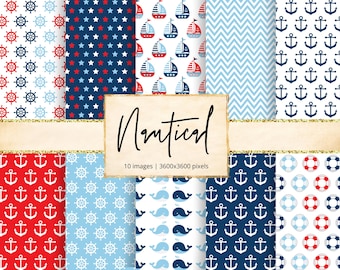 May include: Ten digital paper patterns in a nautical theme. The patterns include anchors, steering wheels, whales, life preservers, stars, and stripes. The patterns are in red, white, and blue.