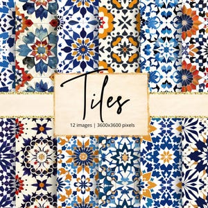Moroccan Tiles Digital Paper, Moroccan Patterns, Geometric Tile Designs, Ceramic Mosaic, Craft Paper, Backgrounds, Junk Journal, Scrapbook