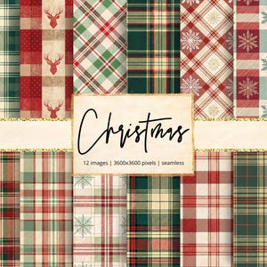 Peut inclure: Une collection de douze papiers numériques sur le thème de Noël. Les papiers présentent divers motifs à carreaux dans des couleurs rouge, verte et crème. Certains motifs incluent des motifs de flocons de neige et de cerfs. Le mot "Christmas" est écrit en cursive.