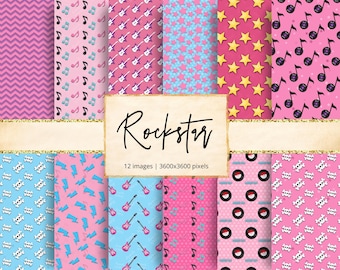 Rockstar Digital Paper, Music, Guitar, Stage, Concert, Tour, Band, Celebrity, Mic, Girl, Rock n Roll, Rock Star, Backgrounds, Scrapbook