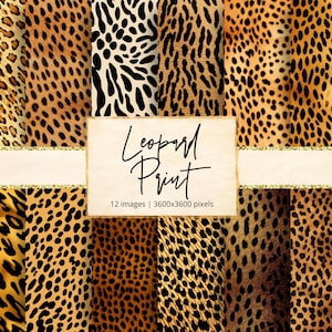 May include: A digital paper pack with 12 seamless leopard print patterns in various shades of brown, orange, and black. The patterns are 3600x3600 pixels.