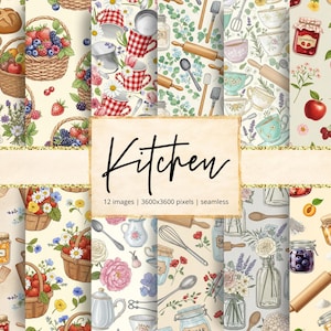 May include: A digital collection of 12 seamless kitchen-themed patterns featuring illustrations of wicker baskets with berries, red checkered mugs, rolling pins, whisks, wooden spoons, glass jars of jam, and fresh fruit on a cream background.
