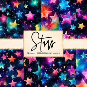 Könnte beinhalten: Digitale Kunst mit bunten Sternen vor einem dunkelblauen und schwarzen Weltraumhintergrund. Die Sterne sind in Pink, Orange, Gelb und Blau gehalten. Der Text "Stars" ist auf einem cremefarbenen Banner zu sehen.