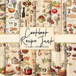 Op de afbeelding: Een digitaal papierpakket met 12 afbeeldingen van vintage kookboekpagina's met illustraties van voedsel, keukengerei en handgeschreven recepten. De afbeeldingen zijn 3600x600 pixels groot en hebben een rustieke, vintage esthetiek.