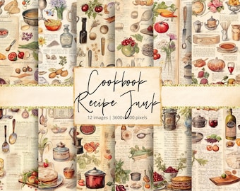May include: A digital paper pack with 12 images of vintage cookbook pages featuring illustrations of food, kitchen utensils, and handwritten recipes. The images are 3600x600 pixels and have a rustic, vintage aesthetic.
