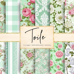 May include: A collection of 12 seamless digital patterns featuring floral motifs with pink roses, white blossoms, and green foliage, alongside gingham, stripes, and damask designs. A central label displays the text Toile, 12 images, 3600x3600 pixels, seamless.