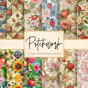 May include: A collection of 12 seamless digital images with a patchwork theme. The images feature various patterns, including strawberries, flowers, and geometric designs. The color palette includes red, pink, green, and blue. The text "Patchwork" is displayed.