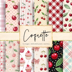 Peut inclure: Ensemble de 12 papiers numériques sans couture avec des motifs de cerises et de cupcakes. Les papiers présentent divers motifs, notamment du vichy, des pois, des rayures et des éléments floraux. La palette de couleurs comprend des nuances de rose, de rouge et de blanc, avec le mot "Coquette".