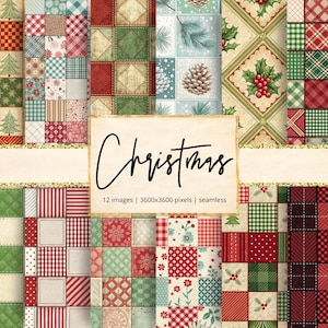 Peut inclure: Ensemble de 12 papiers numériques sans couture sur le thème de Noël. Les papiers présentent des motifs patchwork avec des motifs festifs, notamment des arbres de Noël, des carreaux et des motifs floraux dans les couleurs rouge, vert et crème. Le mot "Christmas" est écrit en cursive.