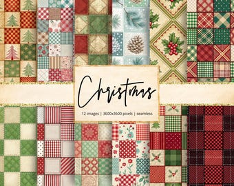 Weihnachten Digitales Papier, Rot, Grün, Patchwork, Urlaub, Festlich, Jolly, Santa, Weihnachten, Hintergründe, Junk Journal, Scrapbook, Nahtlos