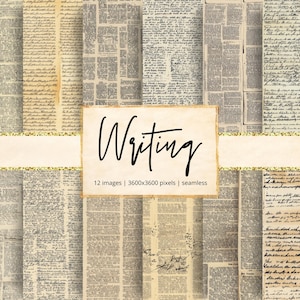 May include: A collection of 12 seamless digital papers with a vintage aesthetic. The papers feature aged newspaper and handwritten script textures in shades of beige and gray. A central rectangle displays the word "Writing".