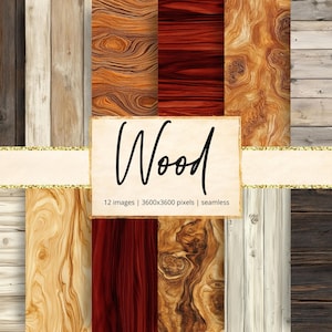 May include: A collection of twelve seamless wood textures in various shades of brown, beige, and gray. The word "Wood" is written in black script on a cream-colored background. The image includes a gold glitter border.