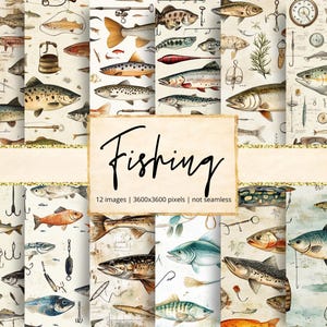 May include: A collection of digital papers featuring various fish illustrations, fishing tools, and the word "Fishing" in a handwritten font. The papers have a vintage aesthetic with a neutral color palette.