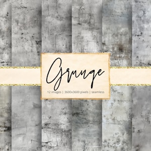 May include: A digital art composition featuring a collection of gray grunge textures. The word "Grunge" is written in black script on a beige rectangle with a gold border. The image includes the text "12 images | 3600x3600 pixels | seamless".