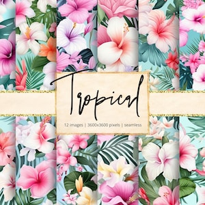 Può includere: Una collezione di dodici immagini floreali tropicali senza cuciture. I disegni presentano vibranti fiori di ibisco rosa, bianchi e arancioni, lussureggianti foglie verdi e uno sfondo azzurro. La parola "Tropical" è scritta in corsivo.