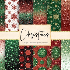 Op de afbeelding: Een verzameling van 12 naadloze digitale kerstpapieren. De ontwerpen bevatten glitters, sneeuwvlokken, sterren en geometrische patronen in rood, groen en goud. Het woord "Christmas" is geschreven in elegant schrift.