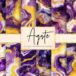 May include: Twelve digital images with an agate design, featuring swirling patterns in purple, gold, and white. The word "Agate" is written in black script on a cream background. The images are 3600x3600 pixels. A seamless design.