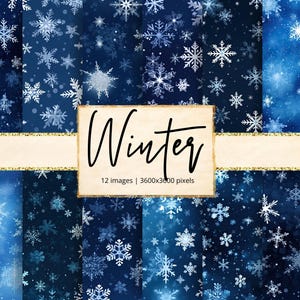 May include: A digital art collection featuring various blue backgrounds with white snowflakes. The word "Winter" is written in black script on a beige rectangle with gold trim. The image also includes the text "12 images | 3600x3600 pixels."