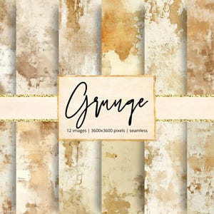 Puede incluir: Una colección de doce imágenes grunge sin costuras con una apariencia envejecida y desgastada. La paleta de colores incluye tonos beige, marrón y blanco, con un aspecto texturizado y desgastado. La palabra "Grunge" está escrita en cursiva.
