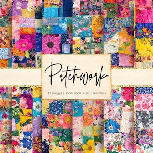 May include: A vibrant patchwork design featuring a collage of floral patterns in various colors. The image includes the word "Patchwork" in a handwritten font, along with details about the images. The design is seamless and suitable for various creative projects.