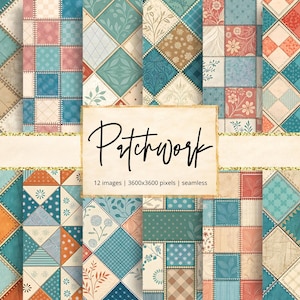 Puede incluir: Una colección de 12 imágenes digitales de patchwork sin costuras. Los diseños presentan varios patrones, incluyendo florales, geométricos y texturas acolchadas, en tonos de verde azulado, coral, beige y marrón. La palabra "Patchwork" está escrita en elegante escritura.