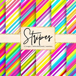 May include: A collection of twelve digital images featuring vibrant, diagonal stripes in a variety of colors, including pink, yellow, blue, and green. The word "Stripes" is written in black script on a beige background. The images are 3600x3600 pixels.