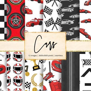 May include: A collection of seamless digital papers with a racing theme. Designs include race cars, checkered flags, racing helmets, tires, and wrenches. The word "Cars" is written in a cursive font on a gold-trimmed banner. The image includes 12 images, each 3600x3600 pixels.