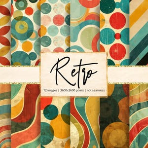 May include: A set of 12 digital images with a retro theme, showcasing patterns of circles, stripes, and abstract shapes. The colour scheme includes teal, orange, red, and yellow. The word "Retro" is written in a handwritten style.