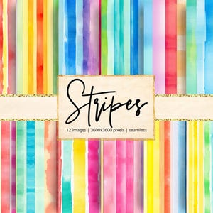 May include: A digital art print featuring watercolor stripes in a variety of colors, including red, yellow, blue, and pink. The word "Stripes" is written in a cursive font on a beige background. The image includes the text "12 images | 3600x3600 pixels | seamless".