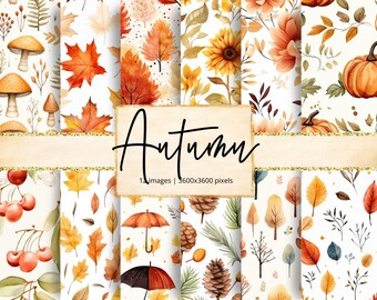 May include: A collection of 12 watercolor images with an autumn theme. The images feature fall leaves, pumpkins, mushrooms, sunflowers, and other seasonal elements in shades of orange, yellow, and brown. The word "Autumn" is written in black script.