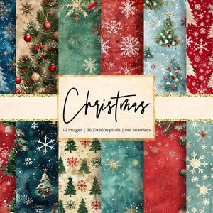 Op de afbeelding: Een verzameling van twaalf digitale kerstpapieren. De papieren bevatten verschillende ontwerpen, waaronder sneeuwvlokken, kerstbomen en ornamenten, in tinten rood, groen, blauw en beige. Het woord "Christmas" staat cursief op een rechthoekig label.