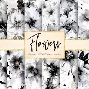 May include: A collection of 12 seamless floral images in black, white, and gray tones. The word "Flowers" is written in elegant script across a tan banner. Each image is 3600x3600 pixels.