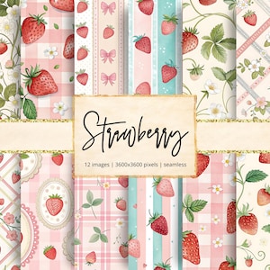 May include: A collection of twelve seamless digital papers with a strawberry theme. The designs feature strawberries, bows, and floral patterns in shades of pink, red, and green. The text "Strawberry" is displayed in a handwritten font.
