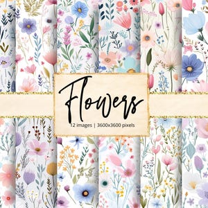 Puede incluir: Una colección de papeles digitales florales con varios patrones de flores coloridas. Los diseños incluyen flores rosas, azules, moradas y amarillas con follaje verde sobre un fondo blanco. La imagen incluye la palabra "Flowers" en escritura a mano.