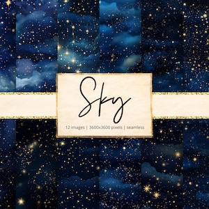 May include: A digital art collage featuring twelve images of a starry night sky. The images are in shades of dark blue and gold, with a gold banner and a cream-colored rectangle with the word "Sky".