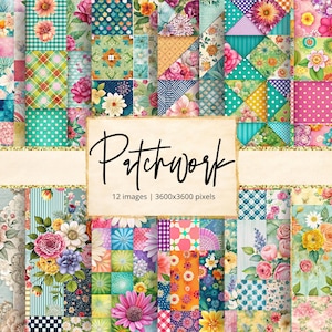 Puede incluir: Un conjunto de 12 diseños de papel digital con un patrón de patchwork con motivos florales y geométricos en colores brillantes. Los papeles son de 3600x3600 píxeles y son perfectos para scrapbooking, creación de tarjetas y otros proyectos de manualidades.