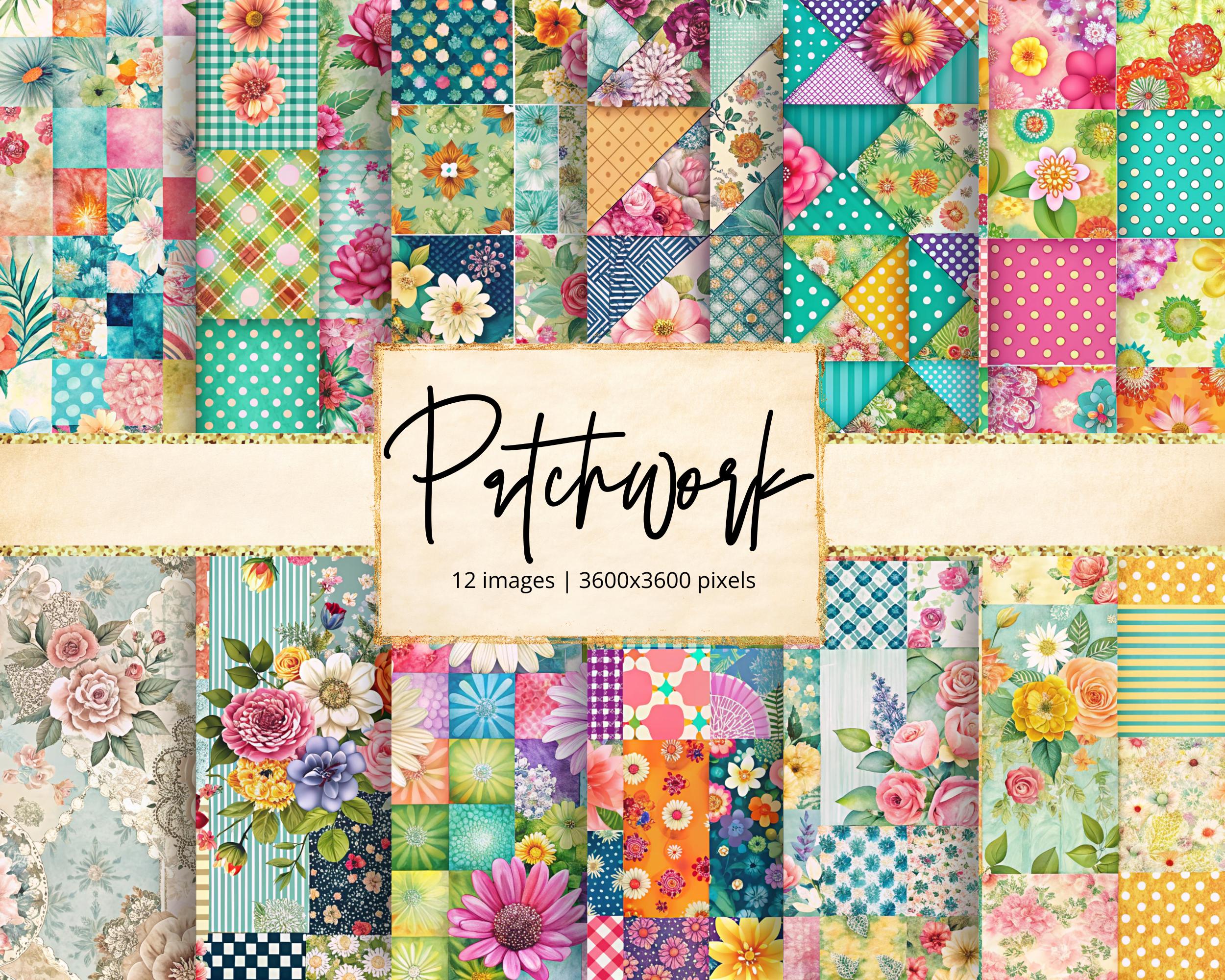 Patchwork Digital Paper, Flowers, Quilt, Sewing, Embroidery, Vintage, Denim, Woven, Cottagecore, Junk Journal, Backgrounds, Scrapbook