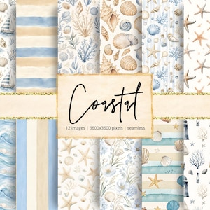 Op de afbeelding: Een collectie van twaalf digitale patronen met kustthema's zoals zeilboten, schelpen, zeesterren, koraal, vuurtorens en blauwe en beige strepen. De centrale tekst luidt Coastal, 12 images, 3600x3600 pixels, seamless.