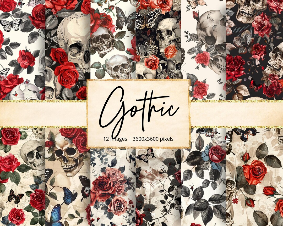 Gothic Roses Digital Paper, Dark Aesthetic, Witchy, Flowers, Skull ...