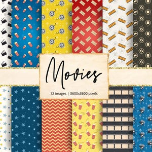 May include: A set of 12 digital paper designs featuring movie-themed patterns. The patterns include film reels, popcorn, stars, and tickets. The papers are 3600x3600 pixels.