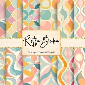 Papel digital bohemio retro, estilo moderno de mediados de siglo, estampado de los años 50, retro de los años 50, retro vintage, hippie, estampado moderno, fondos, álbum de recortes