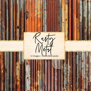 Puede incluir: Un paquete de papel digital de 12 texturas de metal oxidado. Cada imagen es de 3600x3600 píxeles y presenta un primer plano de metal corrugado con óxido y desgaste.