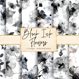 Schwarze Alkohol Tinte Blumen Digitales Papier, schwarze Blumen Rosen, Ephemera, schwarz & weiß Junk Aquarell, Scrapbook Papier, kommerzielle Nutzung