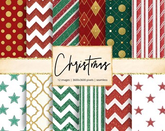 Puede incluir: Una colección de 12 papeles digitales navideños sin costuras. Los patrones incluyen diseños rojos, verdes y dorados con lunares, rayas, chevrones y estrellas. La palabra "Christmas" está escrita en una elegante escritura.