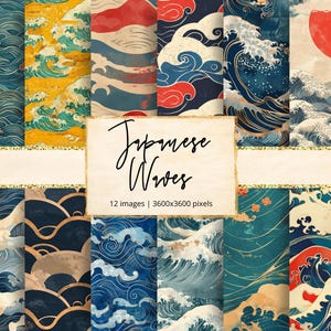 以下が含まれることがあります： 青、金、赤の日本の波模様を特徴とするデジタルペーパーデザイン12点。スクラップブッキング、カード作り、その他のクラフトプロジェクトに最適です。
