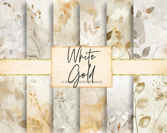 White Gold Leaves Digital Paper, Foliage, Botanical, Floral, Leafy, Wedding, Neutral, Elegant, Minimalist, Boho, Backgrounds, Scrapbook
