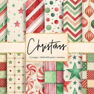 Puede incluir: Una colección de 12 papeles digitales navideños sin costuras. Los papeles presentan diseños de acuarela en rojo, verde y crema. Los patrones incluyen rayas, estrellas, lunares y adornos. La palabra "Christmas" está escrita en cursiva.